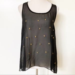 ISSI Black Chiffon Gold Studded Skull Top Sz Small